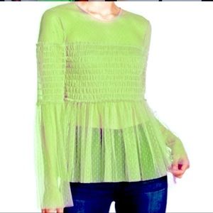 #327 Romeo & Juliet Couture Lime Green Mesh Tulle Polka-dot Peplum Top